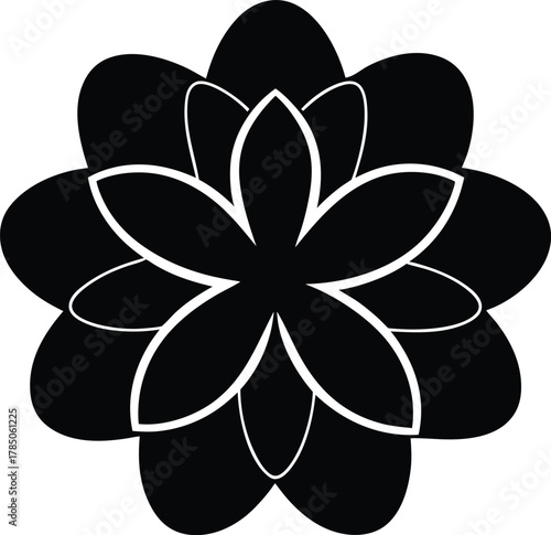 Black silhouette of a stylized multilayered flower with rounded petals, isolated on white background