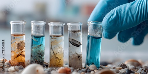 Scientist Hand Holding Vials with Polluted Seawater Samples on Beach