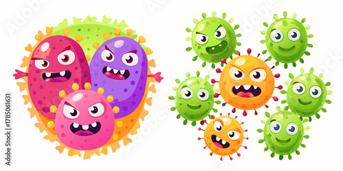 Collection of cartoon viruses and bacteria with different facial expressions and colors on a white background