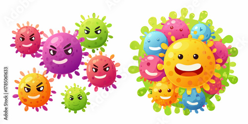 Cute and happy cartoon virus characters contrasted with angry evil germs on a white background