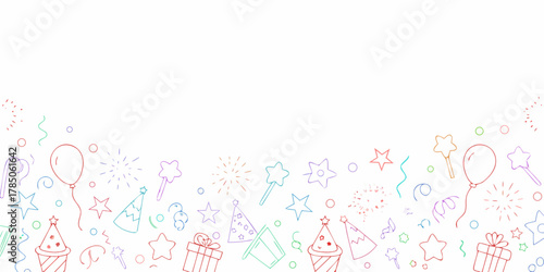 Whimsical hand drawn doodle border of party elements and celebrations on white background
