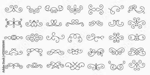 Collection of elegant hand drawn black decorative flourishes and ornamental swirls on white background
