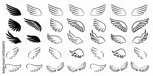 Collection of diverse black and white wing icons and silhouettes for design elements