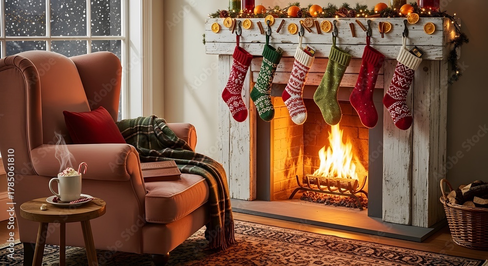 Naklejka premium Festive christmas fireplace scene with stockings garland and a cozy armchair in a warm setting 