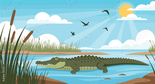 A large crocodile swims peacefully in a sunlit wetland surrounded by reeds and flying birds.