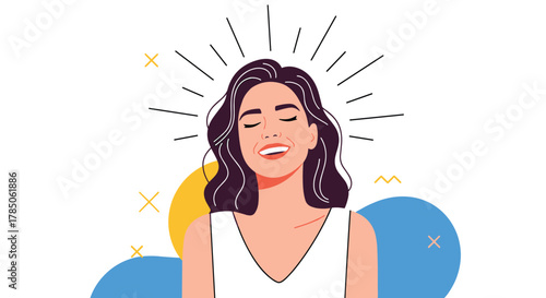 A woman smiling with her eyes closed radiating positive energy and happiness.