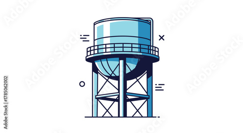 A tall blue water tower stands on a white background with abstract shapes and lines.