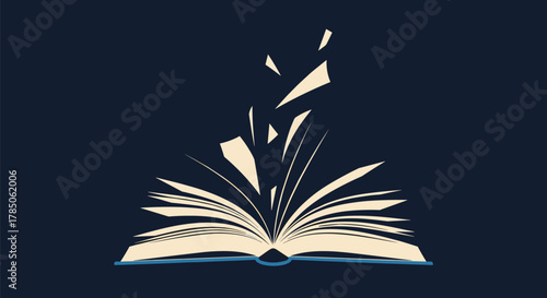 An open book with pages flying upwards in a swirling motion against a dark background.
