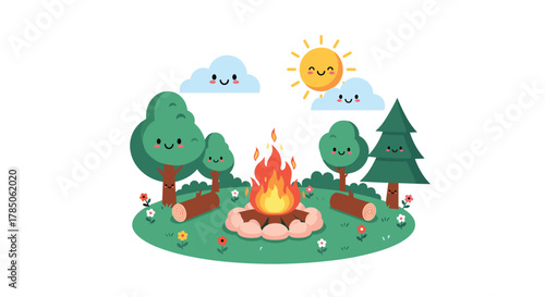 A cheerful campfire scene with happy trees clouds and a smiling sun in the wilderness.
