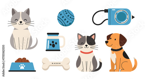 Collection of common pet supplies and accessories for cats and dogs.
