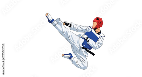Martial arts athlete performing a dynamic side kick in combat uniform.