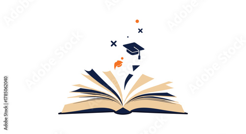 Discovering new worlds and gaining knowledge through the pages of an open book with a graduation cap above it.