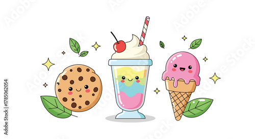 Cute kawaii desserts including a cookie ice cream cone and milkshake.