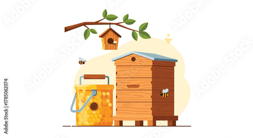 An apiary scene with a beehive and a bucket of honey on a branch.