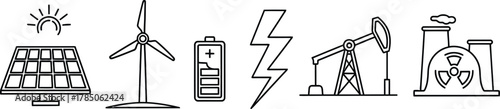 Energy and power generation line icon set. Vector pictograms of solar panel, wind turbine, battery, oil pump, lightning bolt, nuclear reactor, thin linear illustration.