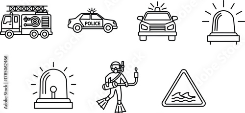 Emergency services (non-medical) line icon set. Vector pictograms of fire truck, police car, siren, rescue diver, flood sign, thin linear illustration.