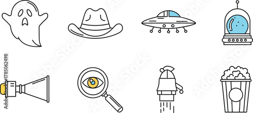 Film genres and themes line icon set. Vector pictograms of ghost, cowboy hat, spaceship, detective magnifying glass, popcorn bucket, thin linear illustration.