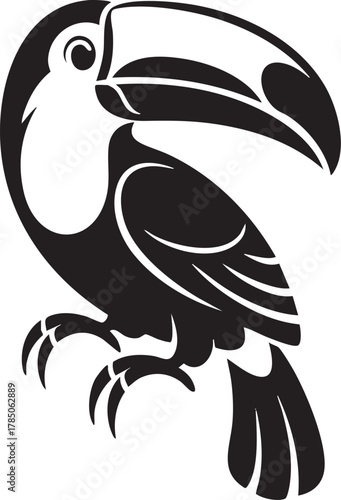 A graphic, black silhouette of a toucan with its distinctive large beak is depicted against a textured light background.