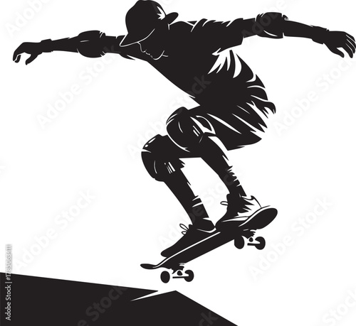 A dynamic silhouette of a skateboarder in motion, captured mid-air while performing a trick, showcasing athletic skill and freedom.