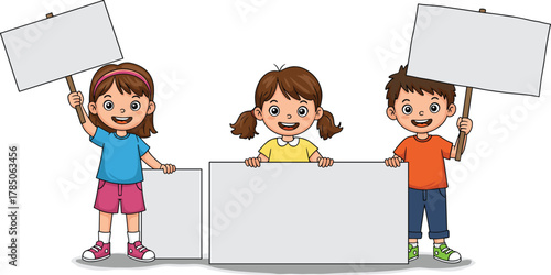 Happy children holding blank placards, smiling cartoon kids standing together, isolated vector illustration for education, protest, awareness, or banner design