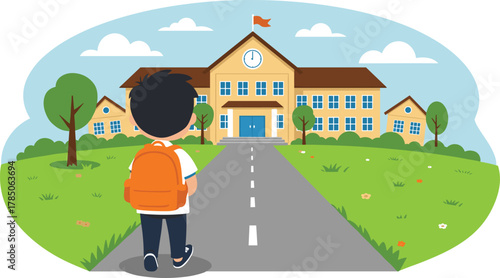 Child walking to school with backpack, education concept, back to school season, learning environment, elementary school building, flat vector illustration