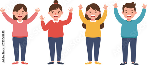 Happy group of young people raising hands together, cheerful teamwork concept, flat cartoon vector illustration for education, diversity, and friendship theme