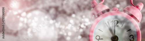 Banner with alarm clock on bokeh lights. Countdown New Year eve.