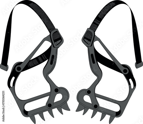 Crampons, gear, vector, illustration, sketch, outline, spikes, strap, climbing, ice, snow, hiking, mountaineering, traction, footwear, technical, outdoor, equipment, adventure, support, durable