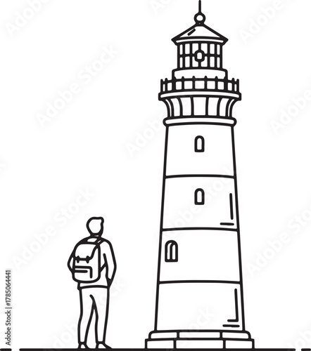 A tall lighthouse stands beside a small human figure