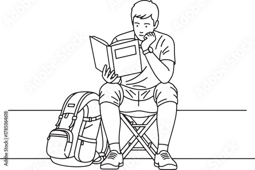 Backpacker reading a book while sitting with luggage