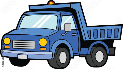 Blue cartoon dump truck with yellow headlights and orange light vehicle construction