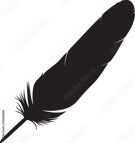 Black silhouette of a feather on a white background bird feather quill on transparent background