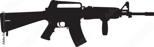 Black silhouette of an assault rifle with a magazine on a white background firearm weapon on transparent background