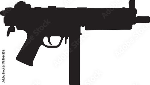 Black silhouette of a submachine gun with a magazine on a white background firearm weapon on transparent background