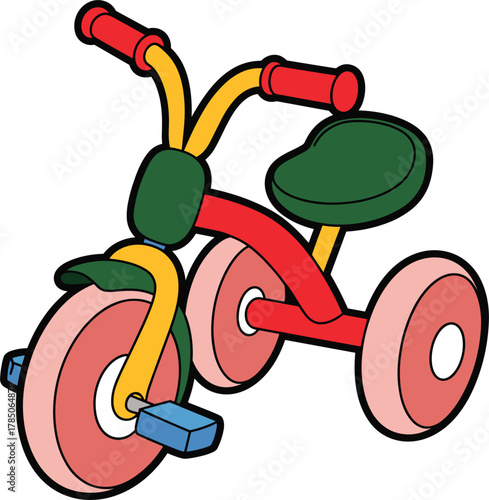 Brightly colored cartoon tricycle with red frame and green seat trike bike