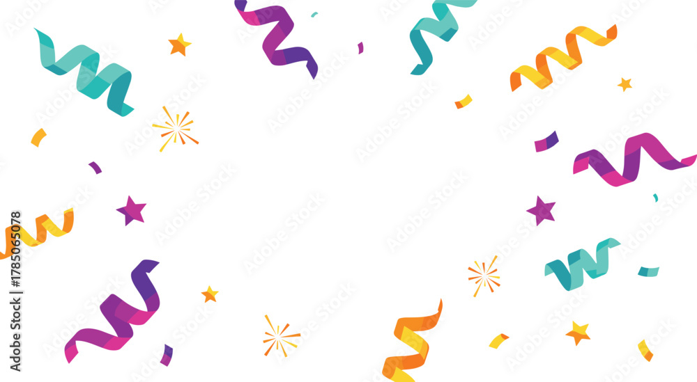 Fototapeta premium Colorful party confetti background with streamers and stars