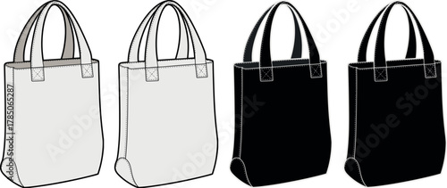 Tote bag, fashion, vector, illustration, white, black, sketch, outline, handle, casual, accessory, stylish, sturdy, shopping, design, practical, reusable, template, carryall, contrast, layout