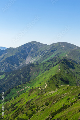 Tatra ridges on Kasprowy Wierch and the view on Giewont peak, Tatra Mountain, Poland.