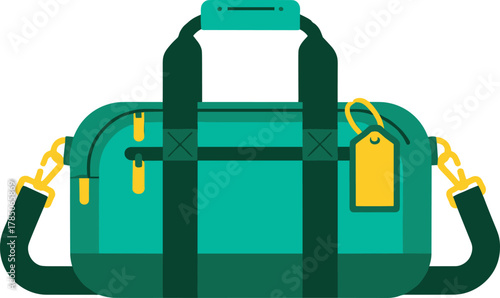 Cartoon green duffel bag, travel gear, sports equipment, packing essential, luggage accessory, modern design, cad drawing flat vector illustration