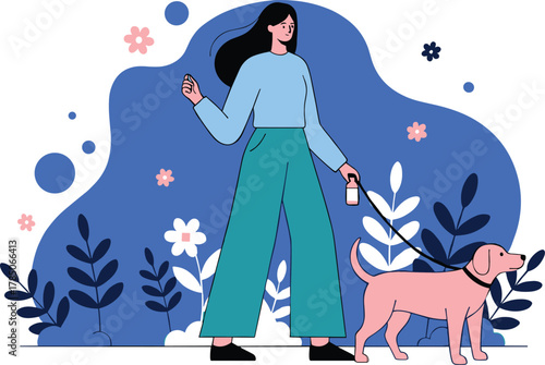 Person walking dog, long dark hair, teal pants, light blue shirt, pink dog, floral background, outdoor lifestyle, modern vector, cad drawing flat vector illustration