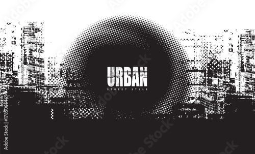 Abstract vector banner on the theme of urbanism, street art, digital technology and photo studios against the background of the architecture of a city, pixels.T-shirt design, poster, logo. No AI used 