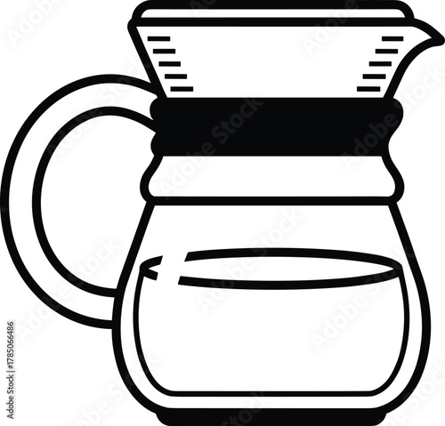 Pour over coffee maker, glass carafe, conical dripper, manual brewing, specialty coffee, kitchenware, black and white line art, cad drawing flat vector illustration