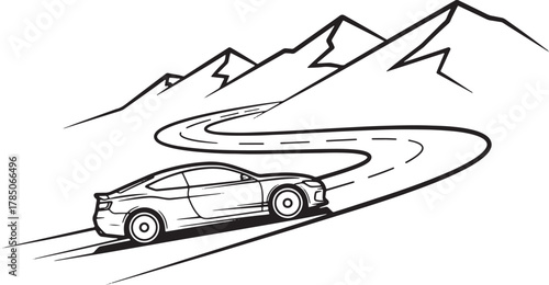 Car driving on a winding mountain road with rugged peaks