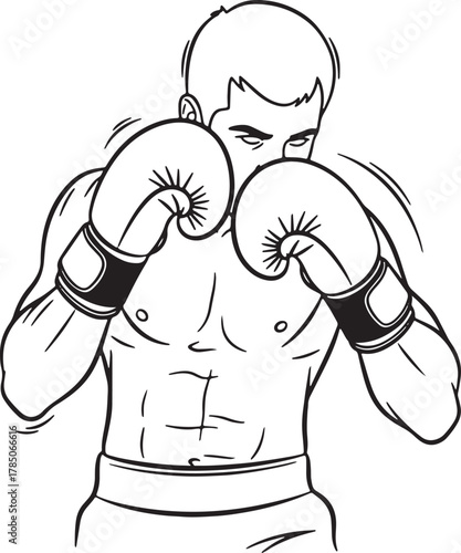 Boxing fighter in defensive stance with gloves