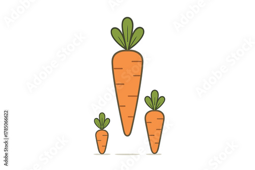 Three stylized orange carrots with green leafy tops showing variation