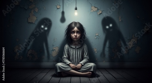 Darkness Within: A young child sits alone in a dark room with haunting shadows cast against the wall. Expressing the emotional burden of fear and loneliness.