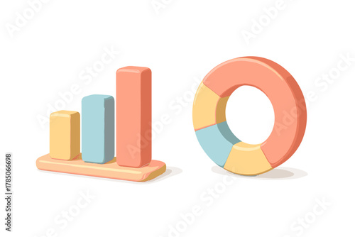 Pastel 3D bar and donut chart elements for business data visualization