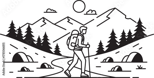 Solo hiker with backpack ascends mountain trail amidst pine trees and peaks