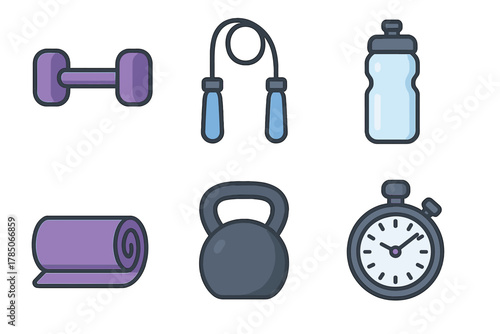 Fitness and workout equipment icons featuring dumbbell and kettlebell shapes