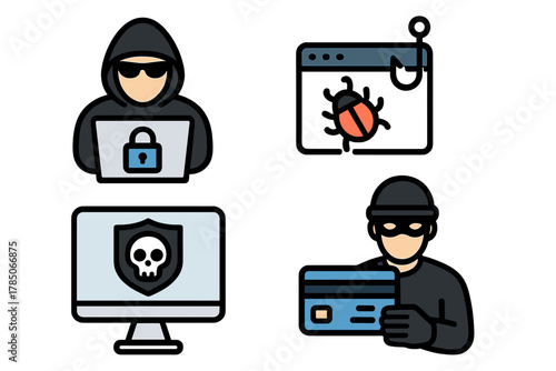 Hacker and data theft icons representing online security threats